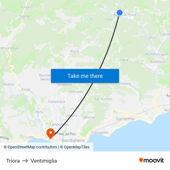 Triora to Ventimiglia map