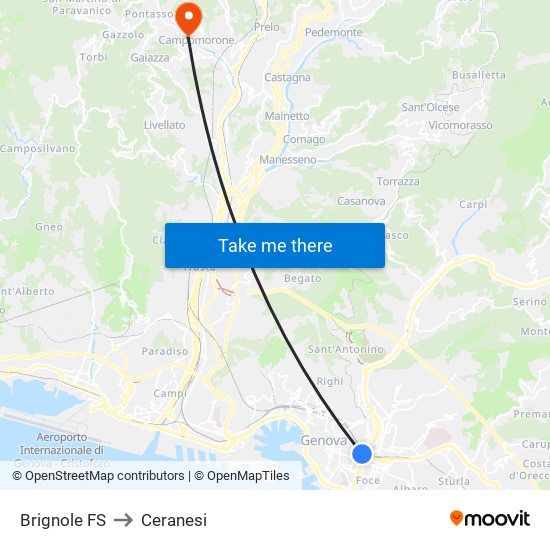 Brignole FS to Ceranesi map