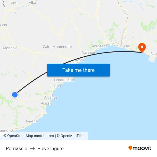 Pornassio to Pieve Ligure map