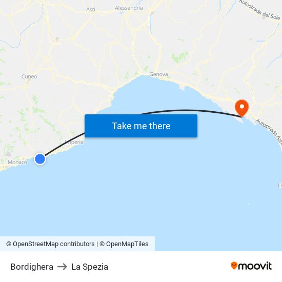 Bordighera to La Spezia map