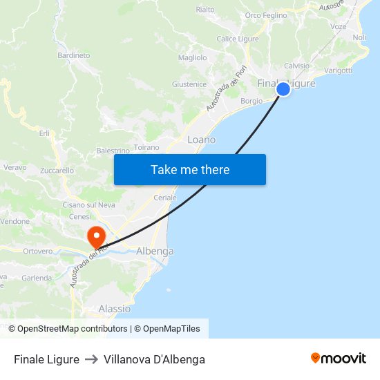 Finale Ligure to Villanova D'Albenga map