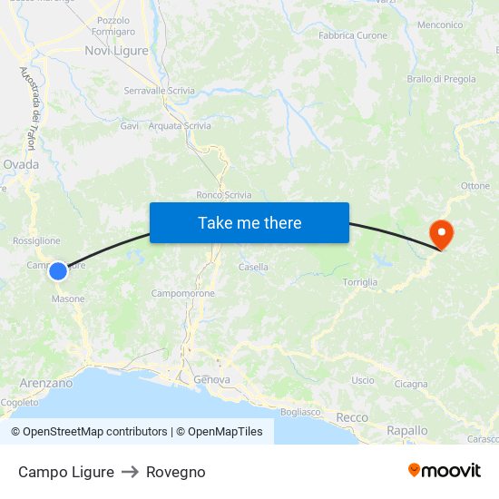 Campo Ligure to Rovegno map