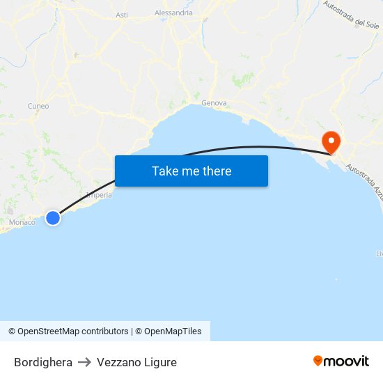 Bordighera to Vezzano Ligure map