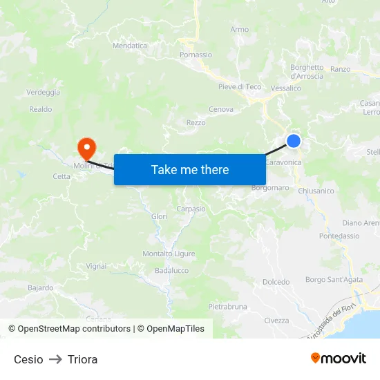 Cesio to Triora map