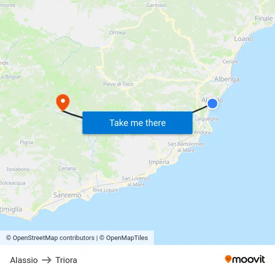 Alassio to Triora map