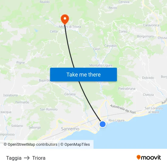 Taggia to Triora map