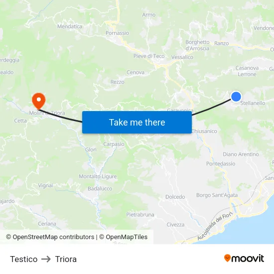 Testico to Triora map