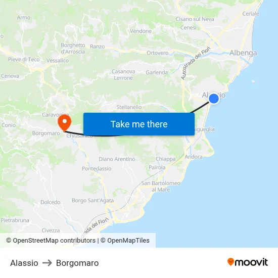 Alassio to Borgomaro map