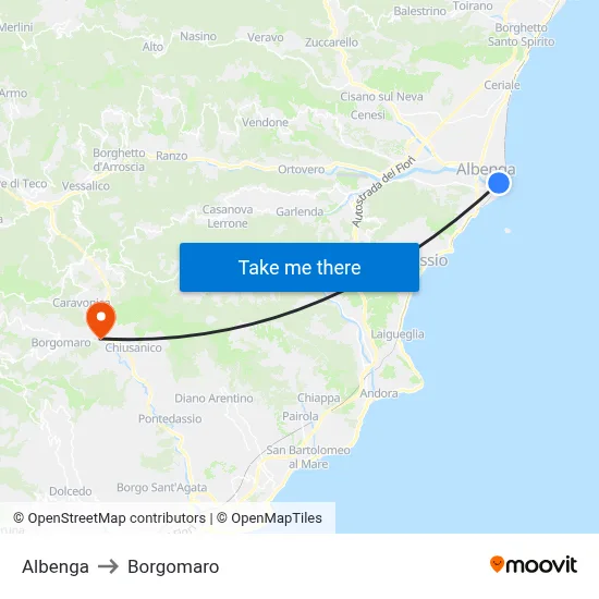 Albenga to Borgomaro map