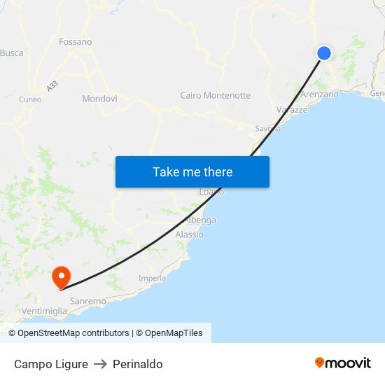 Campo Ligure to Perinaldo map