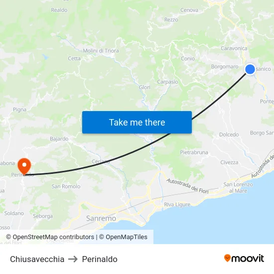 Chiusavecchia to Perinaldo map