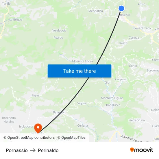 Pornassio to Perinaldo map
