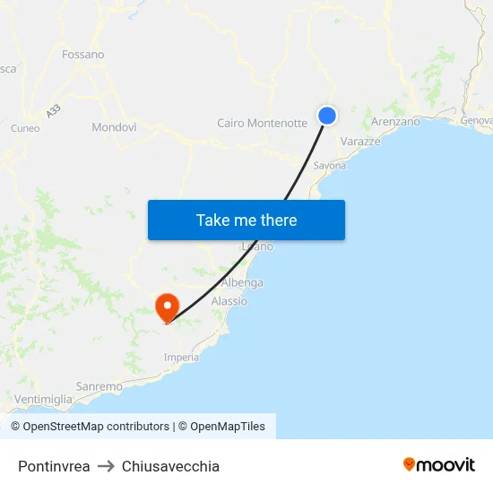 Pontinvrea to Chiusavecchia map