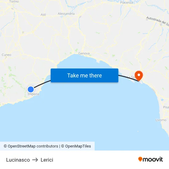 Lucinasco to Lerici map