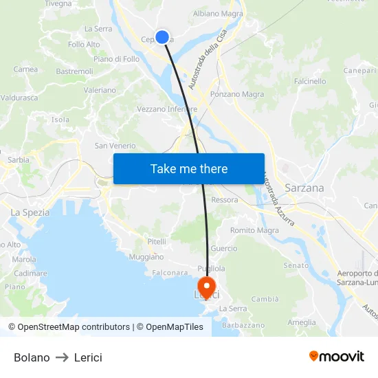 Bolano to Lerici map