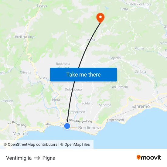 Ventimiglia to Pigna map