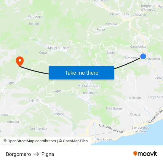 Borgomaro to Pigna map