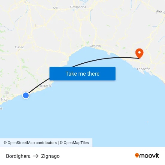 Bordighera to Zignago map