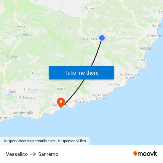 Vessalico to Sanremo map
