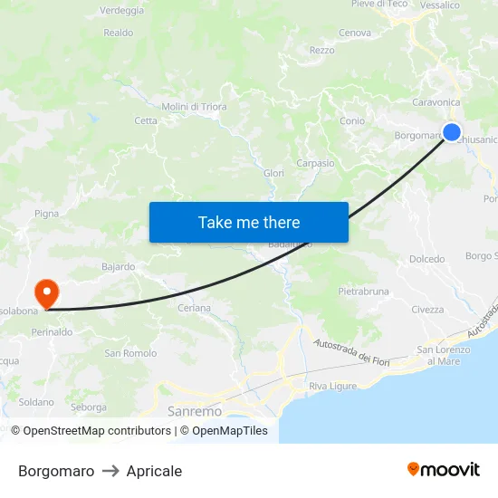 Borgomaro to Apricale map