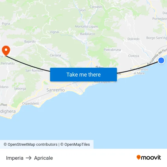 Imperia to Apricale map