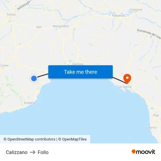 Calizzano to Follo map