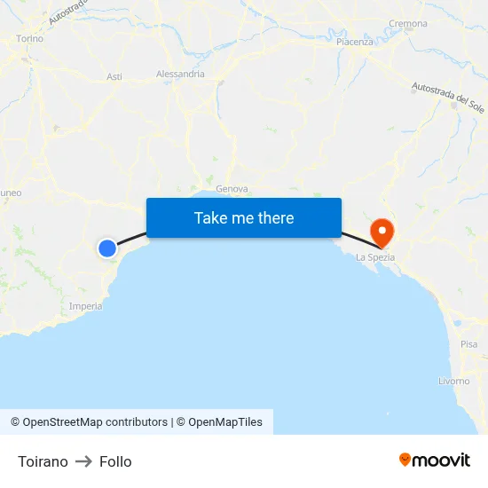 Toirano to Follo map
