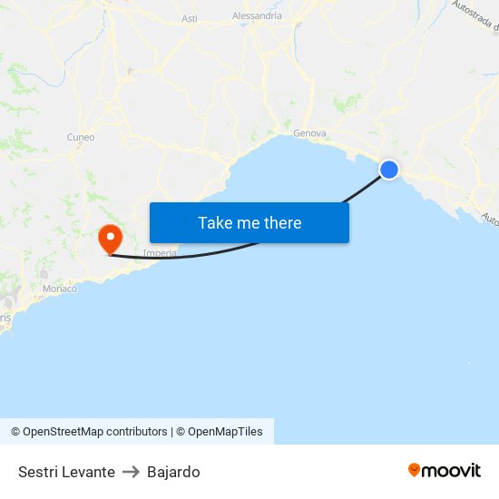 Sestri Levante to Bajardo map