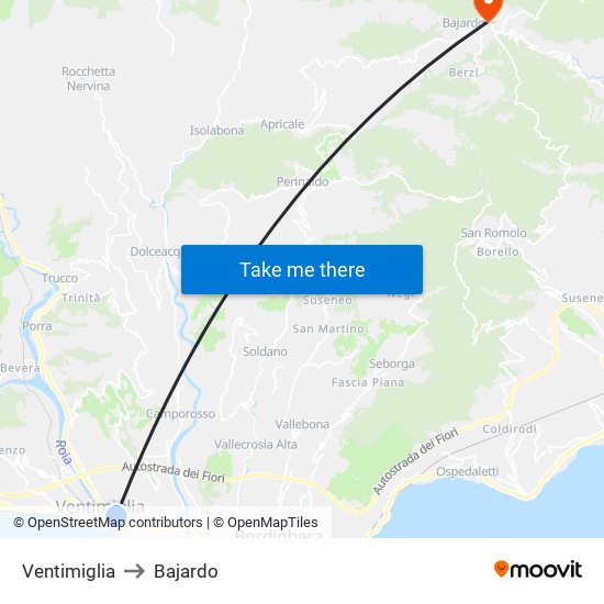 Ventimiglia to Bajardo map