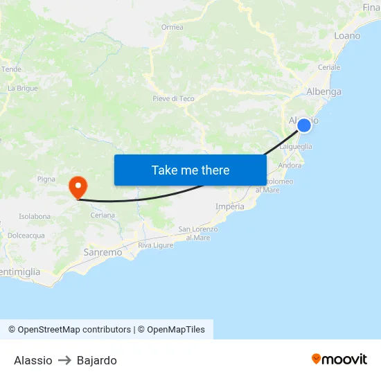 Alassio to Bajardo map