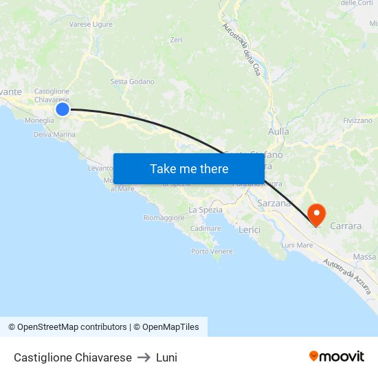 Castiglione Chiavarese to Luni map