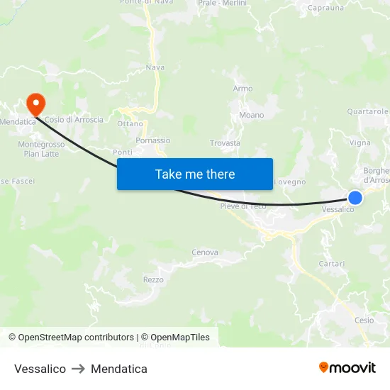 Vessalico to Mendatica map