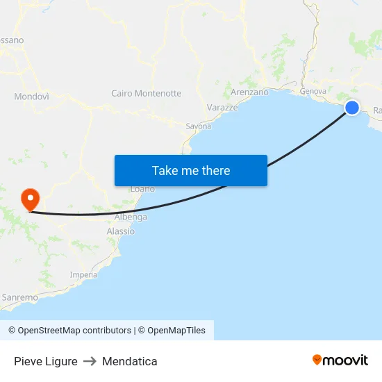 Pieve Ligure to Mendatica map
