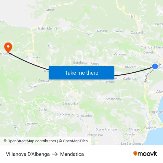 Villanova D'Albenga to Mendatica map
