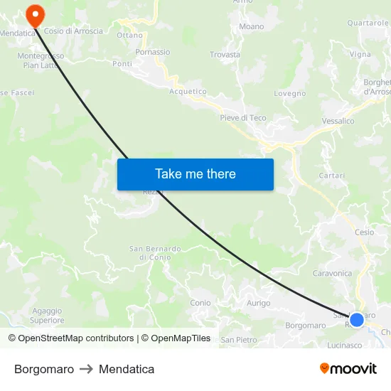 Borgomaro to Mendatica map