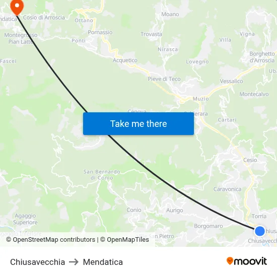 Chiusavecchia to Mendatica map