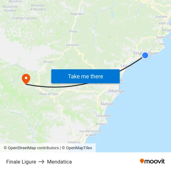 Finale Ligure to Mendatica map