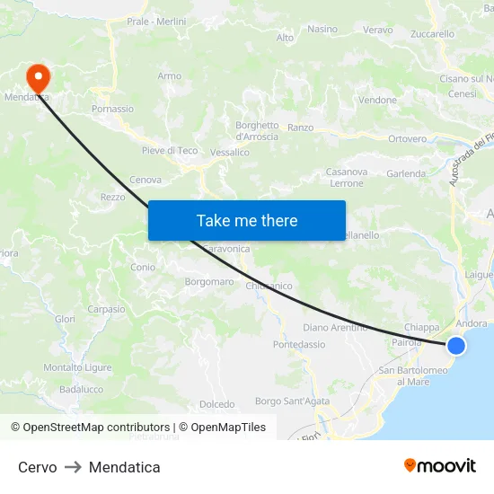 Cervo to Mendatica map