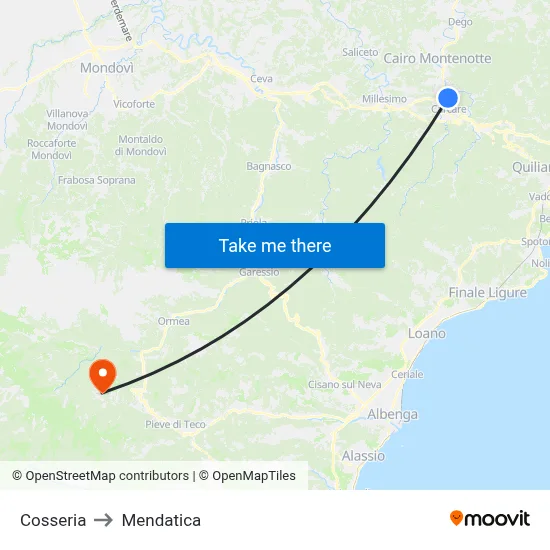 Cosseria to Mendatica map