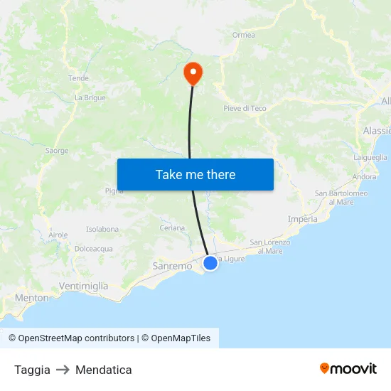 Taggia to Mendatica map