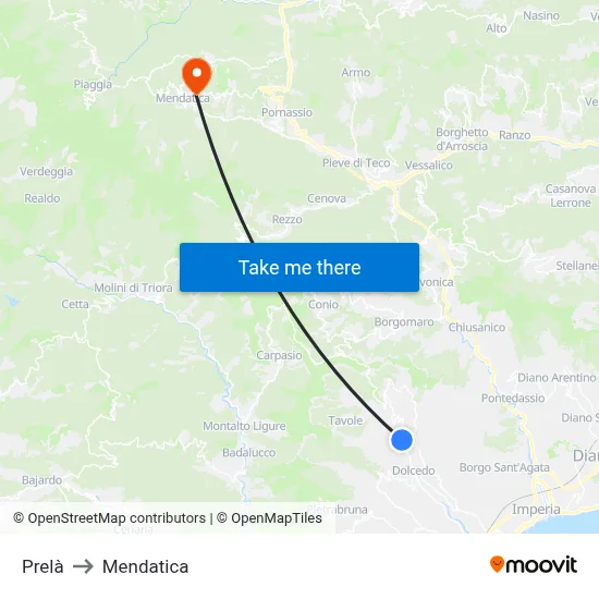 Prelà to Mendatica map