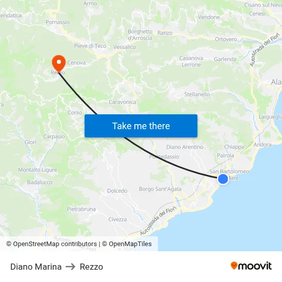 Diano Marina to Rezzo map