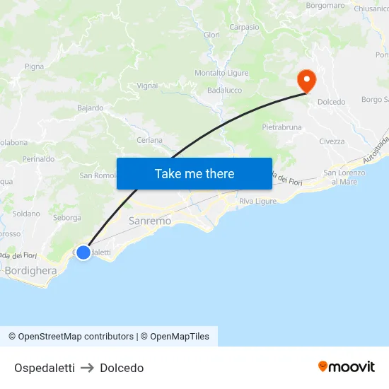 Ospedaletti to Dolcedo map
