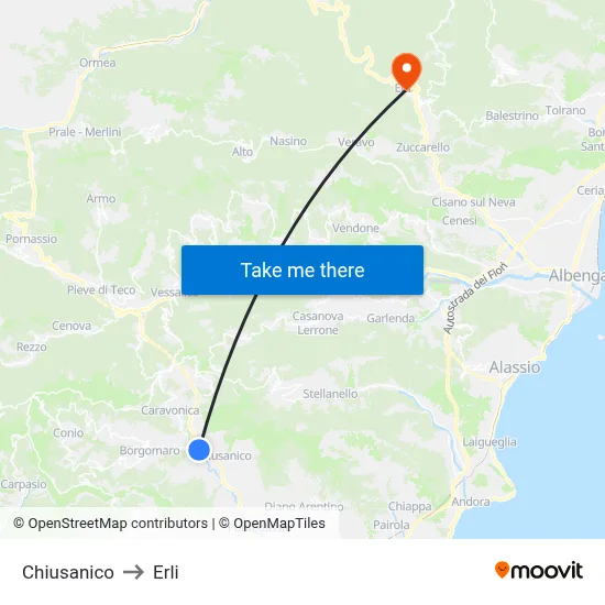 Chiusanico to Erli map