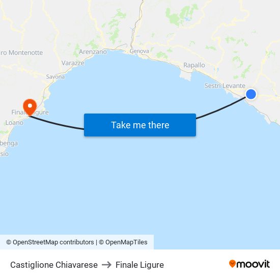 Castiglione Chiavarese to Finale Ligure map