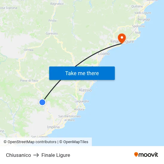 Chiusanico to Finale Ligure map