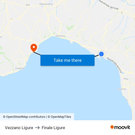 Vezzano Ligure to Finale Ligure map