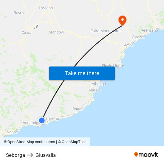 Seborga to Giusvalla map