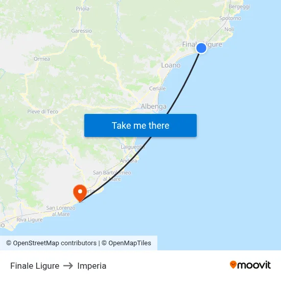Finale Ligure to Imperia map