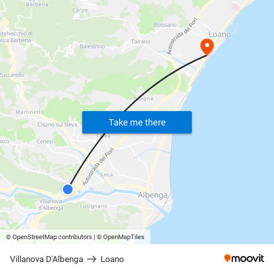 Villanova D'Albenga to Loano map